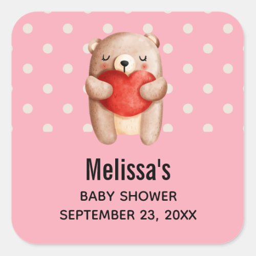 Cute Teddy Bear Carrying a Red Heart Save the Date Square Sticker