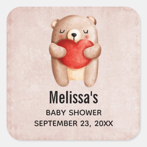 Cute Teddy Bear Carrying a Red Heart Save the Date Square Sticker