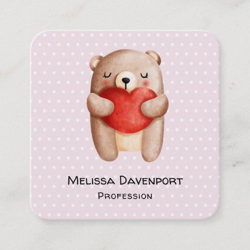 Cute Teddy Bear Carrying a Red Heart Square Business Card