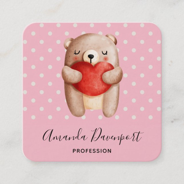 Cute Teddy Bear Carrying a Red Heart Square Business Card (Front)