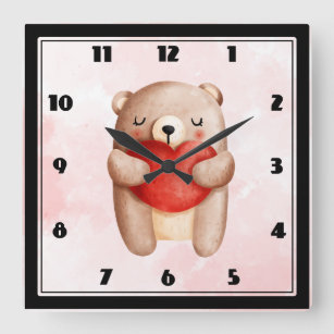 Cute Teddy Bear Carrying a Red Heart Square Wall Clock