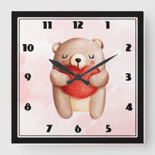 Cute Teddy Bear Carrying a Red Heart Square Wall Clock