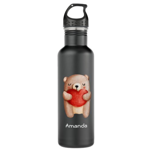 Cute Teddy Bear Carrying a Red Heart Stainless Steel Water Bottle