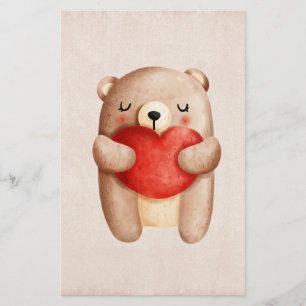 Cute Teddy Bear Carrying a Red Heart Stationery