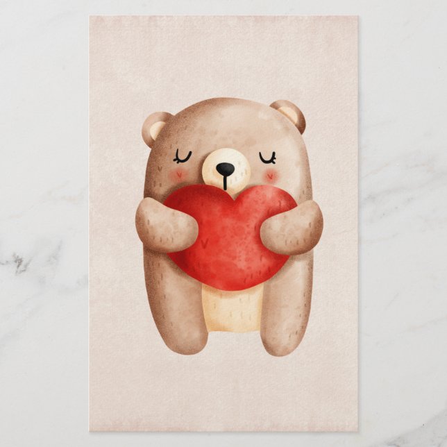 Cute Teddy Bear Carrying a Red Heart Stationery (Front)