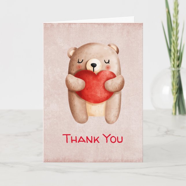 Cute Teddy Bear Carrying a Red Heart Thank You Card (Front)