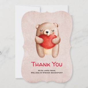 Cute Teddy Bear Carrying a Red Heart Thank You Card