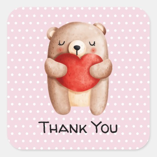 Cute Teddy Bear Carrying a Red Heart Thank You Square Sticker