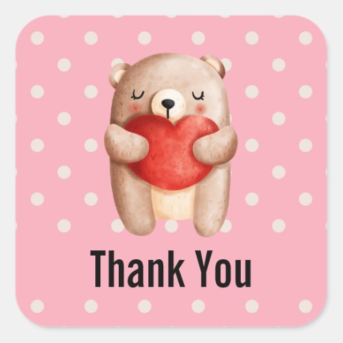 Cute Teddy Bear Carrying a Red Heart Thank You Square Sticker