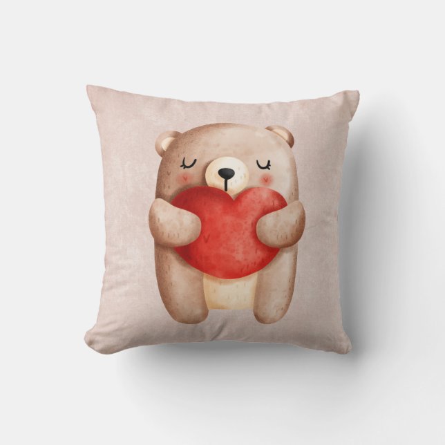 Cute Teddy Bear Carrying a Red Heart Throw Pillow (Front)