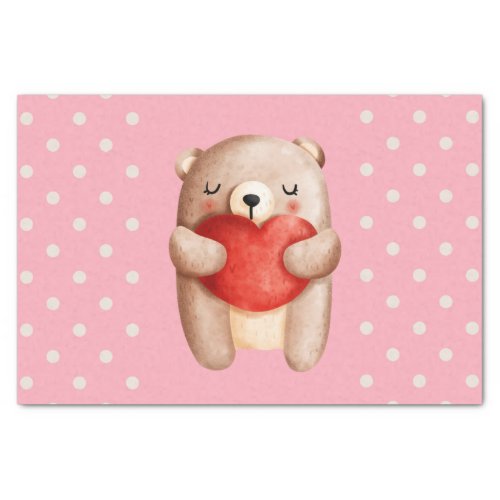 Cute Teddy Bear Carrying a Red Heart Tissue Paper