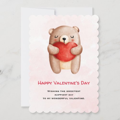 Cute Teddy Bear Carrying a Red Heart Valentines Holiday Card