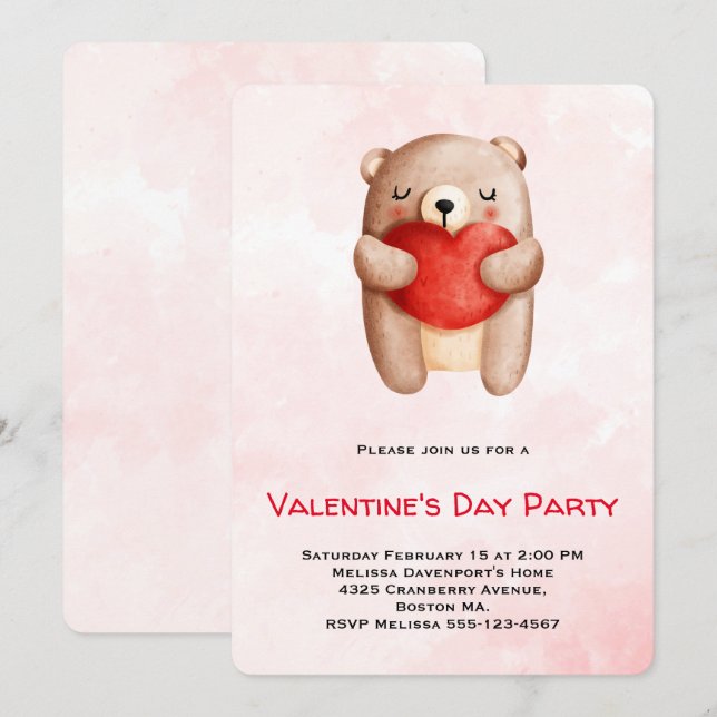 Cute Teddy Bear Carrying a Red Heart Valentine's Invitation (Front/Back)