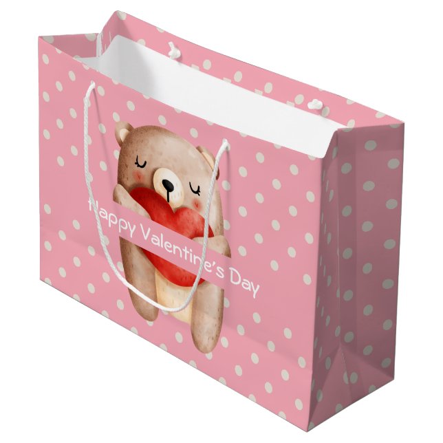 Cute Teddy Bear Carrying a Red Heart Valentine's Large Gift Bag (Front Angled)
