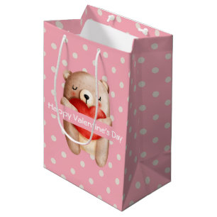 Cute Teddy Bear Carrying a Red Heart Valentine's Medium Gift Bag