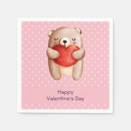 Cute Teddy Bear Carrying a Red Heart Valentines Napkins