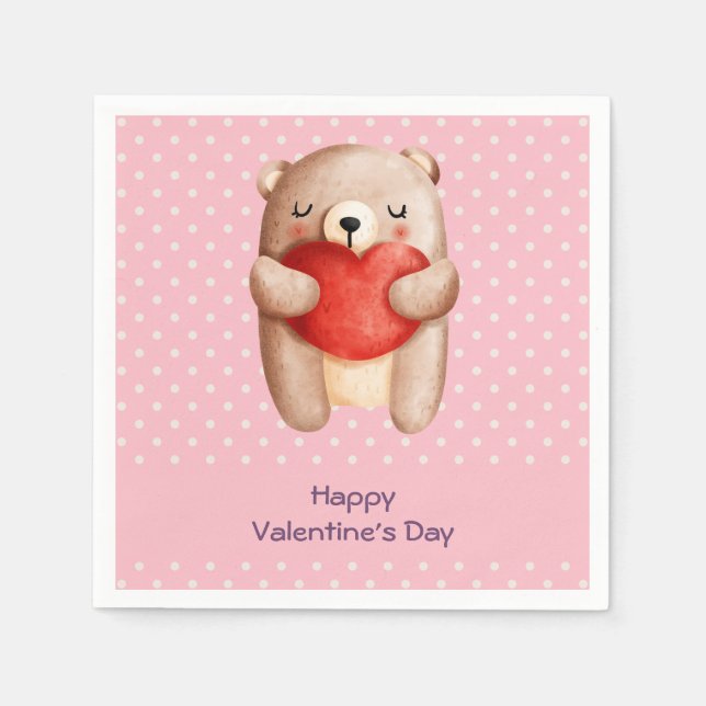 Cute Teddy Bear Carrying a Red Heart Valentine's Napkins (Front)