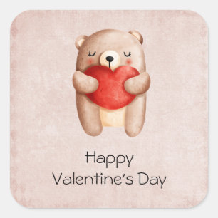 Cute Teddy Bear Carrying a Red Heart Valentine's Square Sticker