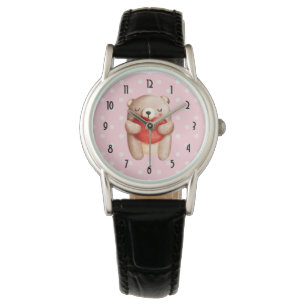 Cute Teddy Bear Carrying a Red Heart Watch