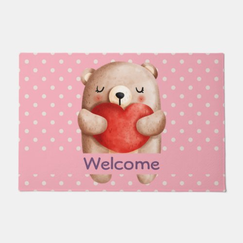 Cute Teddy Bear Carrying a Red Heart Welcome Doormat