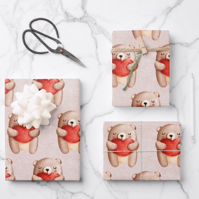 Cute Teddy Bear Carrying a Red Heart Wrapping Paper Sheets (Front)