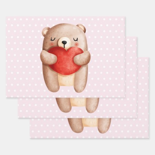 Cute Teddy Bear Carrying a Red Heart Wrapping Paper Sheets