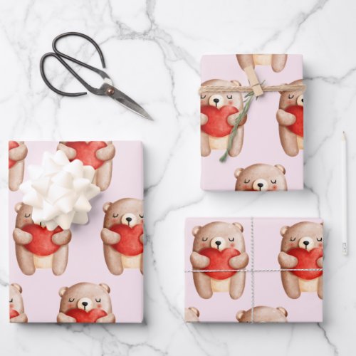 Cute Teddy Bear Carrying a Red Heart Wrapping Paper Sheets