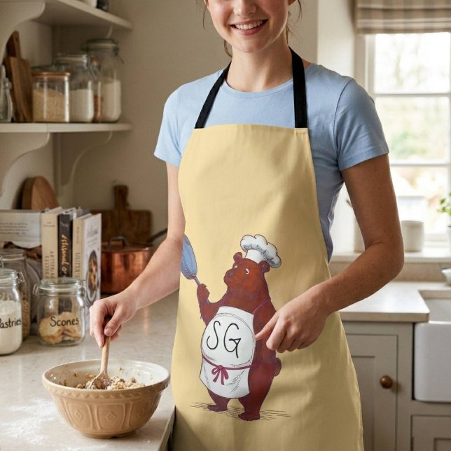 Cute Teddy Bear Chef Baking & Cooking Illustration Apron (Creator Uploaded)