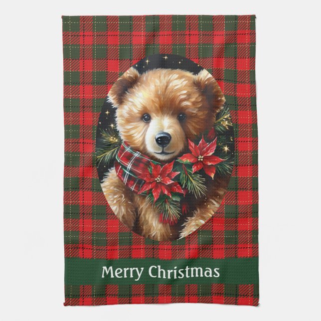 Cute Teddy Bear Christmas Add Name Mom Grandma Kitchen Towel (Vertical)