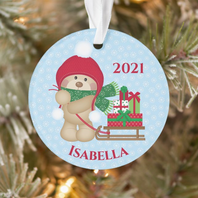 Cute Teddy Bear  Christmas Sleigh Dated Ornament (Tree)