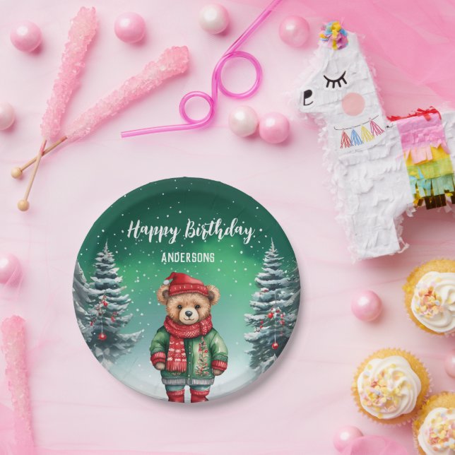 Cute teddy bear Christmas tree birthday girl party Paper Plates (Party)