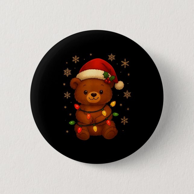 Cute Teddy Bear Christmas Tree Lights Santa Hat Fu Button (Front)