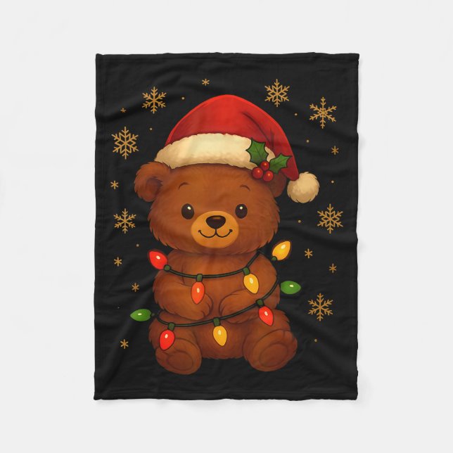 Cute Teddy Bear Christmas Tree Lights Santa Hat Fu Fleece Blanket (Front)