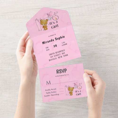 Cute Teddy Bear Clothes Line Girl Baby Shower All In One Invitation