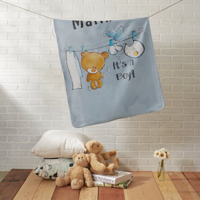 Cute Teddy Bear Clothes Line Personalized Boy Baby Blanket (In Situ)