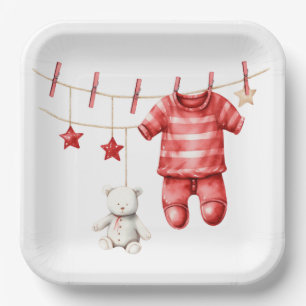 Cute Teddy Bear Clothesline Red Baby Shower Paper Plates