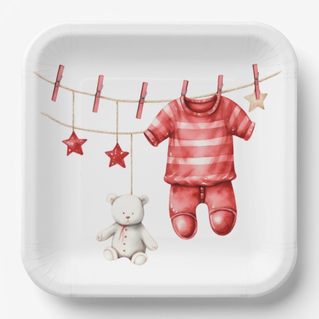 Cute Teddy Bear Clothesline Red Baby Shower Paper Plates (Front)