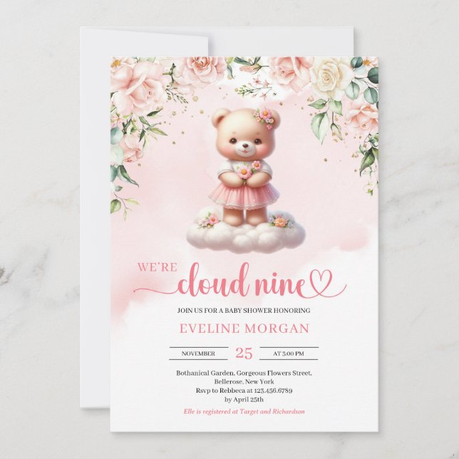Cute teddy bear cloud nine girl baby shower invite (Front)