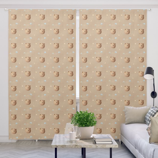 Cute Teddy Bear Cloud Rainbow Dreamy Beige Nursery Blackout Curtains (Living Room)