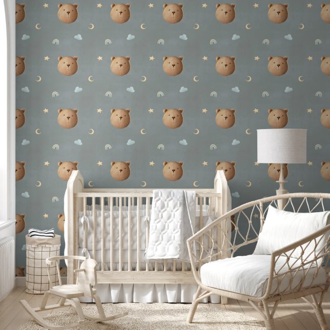 Cute Teddy Bear Clouds Rainbow Dreamy Nursery  Wallpaper (Kids)