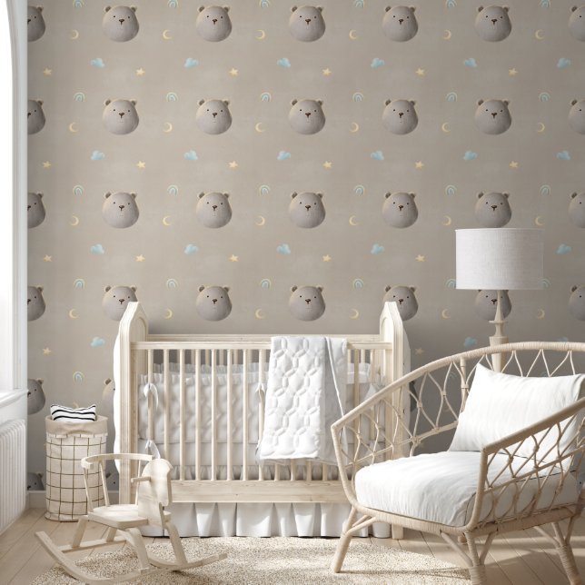 Cute Teddy Bear Clouds Soft Amber Dreamy Nursery  Wallpaper (Kids)