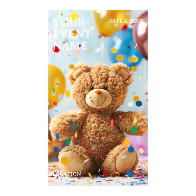 Cute Teddy Bear Confetti and Balloon Kids Birthday Digital Templates (Front)