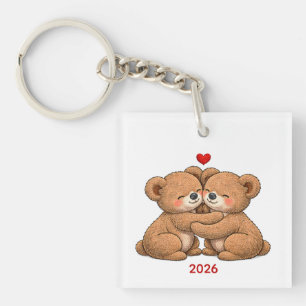Cute Teddy Bear Couple in Love – Embroidered Style Keychain