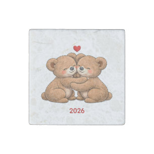 Cute Teddy Bear Couple in Love – Embroidered Style Stone Magnet