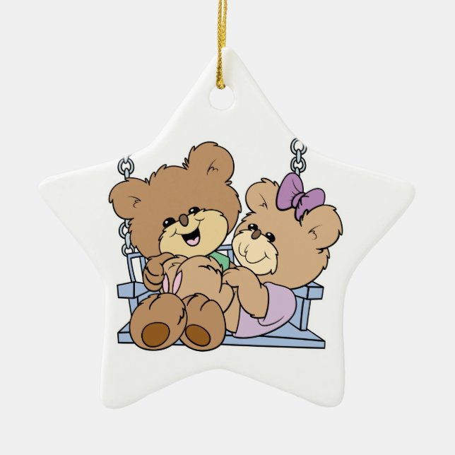 cute teddy bear couple romance on bench swing ceramic ornament (Front)