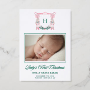 Cute Teddy Bear Crest Baby First Christmas Letterpress Photo Cards