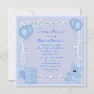 Cute Teddy Bear & Crib Blue Baby Shower Invite