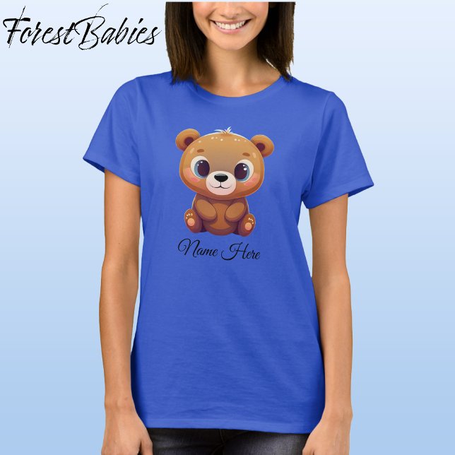 Cute Teddy Bear Cub Animal Cartoon Graphic 🧸 T-Shirt (Teddy Bear, Deep Royal Blue Customizable ForestBabies Women's Basic T-shirt - Front)