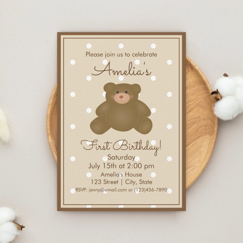 Cute Teddy Bear Cub Baby First Birthday Kids Party Invitation