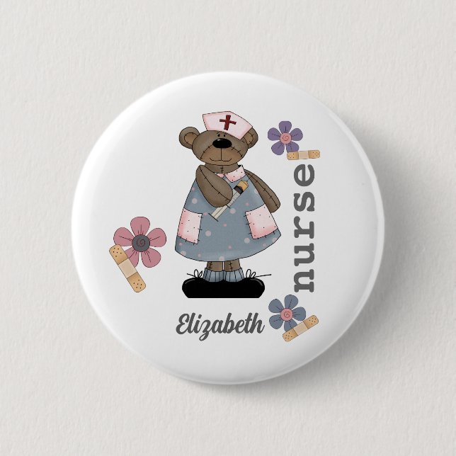 Cute Teddy Bear Custom Name Button for Nurse (Front)